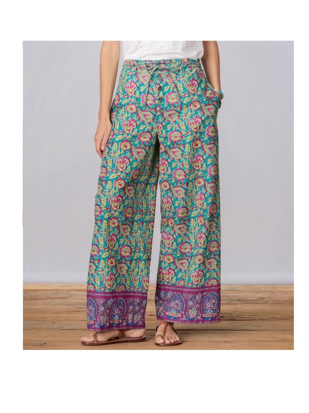 Women’s Sundance Bangla Road Beachy Cotton Voile Paisley Print Wide Leg Pants S